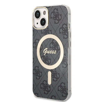 iPhone 15 Kılıf Guess Orjinal Lisanslı M-safe Şarj Özellikli Yazı Logolu 4G Desenli Kapak