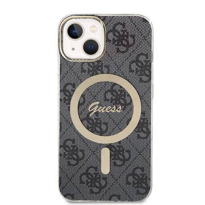 iPhone 15 Kılıf Guess Orjinal Lisanslı M-safe Şarj Özellikli Yazı Logolu 4G Desenli Kapak