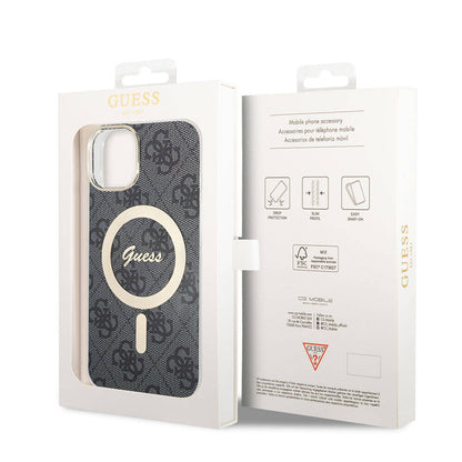 iPhone 15 Kılıf Guess Orjinal Lisanslı M-safe Şarj Özellikli Yazı Logolu 4G Desenli Kapak