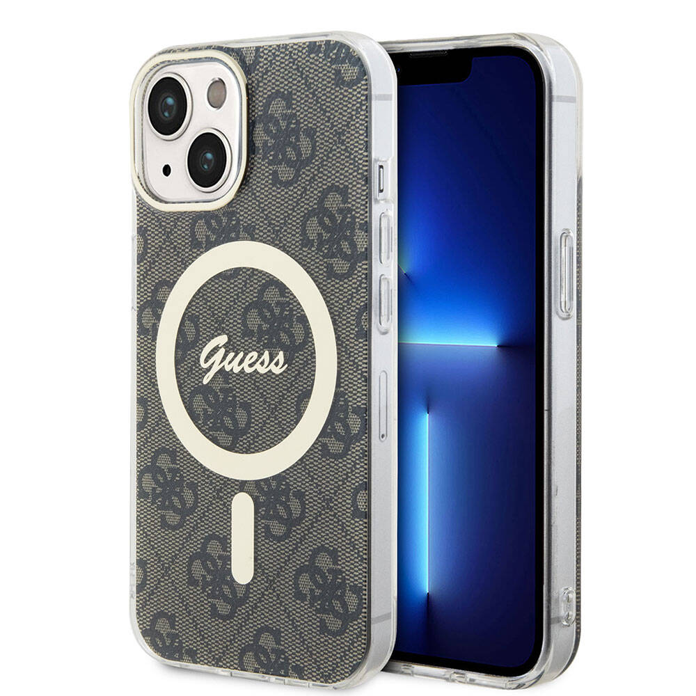 iPhone 15 Kılıf Guess Orjinal Lisanslı M-safe Şarj Özellikli Yazı Logolu 4G Desenli Kapak