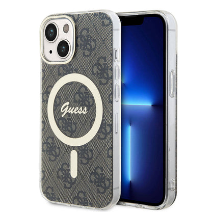 iPhone 15 Kılıf Guess Orjinal Lisanslı M-safe Şarj Özellikli Yazı Logolu 4G Desenli Kapak