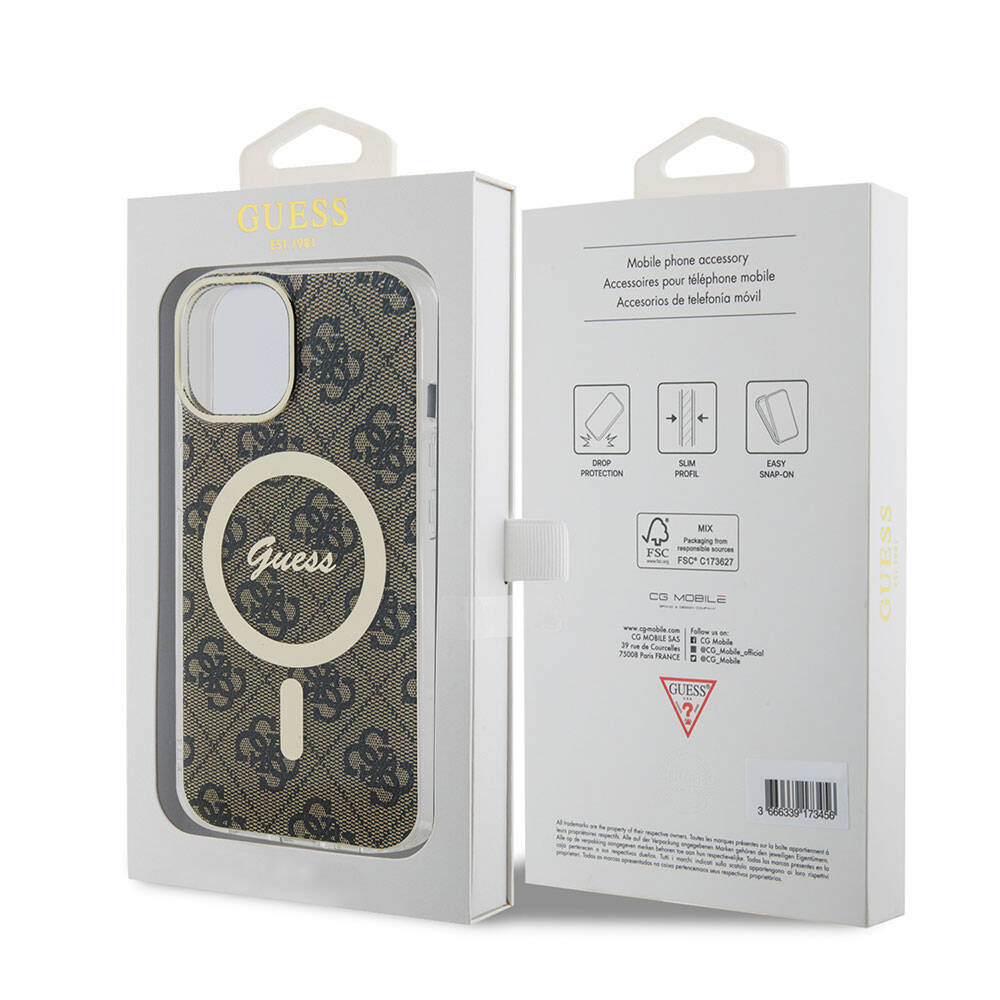 iPhone 15 Kılıf Guess Orjinal Lisanslı M-safe Şarj Özellikli Yazı Logolu 4G Desenli Kapak