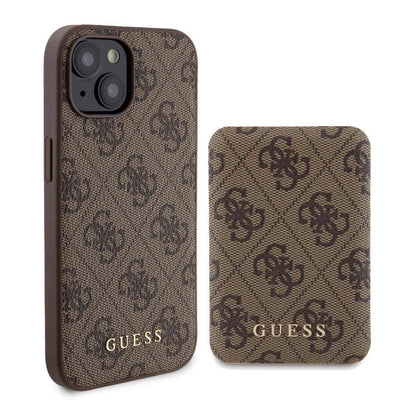 iPhone 15 Kılıf Guess Orjinal Lisanslı M-safe Şarj Özellikli Yazı Logolu 4G Desenli Kapak + Powerbank 5000mAh 2in1 Set