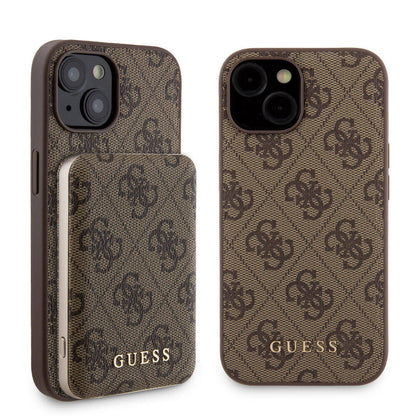 iPhone 15 Kılıf Guess Orjinal Lisanslı M-safe Şarj Özellikli Yazı Logolu 4G Desenli Kapak + Powerbank 5000mAh 2in1 Set
