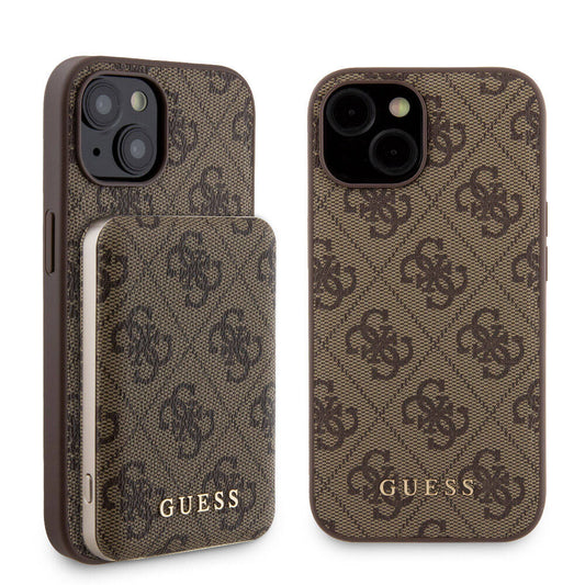 iPhone 15 Kılıf Guess Orjinal Lisanslı M-safe Şarj Özellikli Yazı Logolu 4G Desenli Kapak + Powerbank 5000mAh 2in1 Set