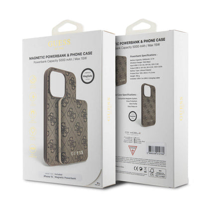 iPhone 15 Kılıf Guess Orjinal Lisanslı M-safe Şarj Özellikli Yazı Logolu 4G Desenli Kapak + Powerbank 5000mAh 2in1 Set