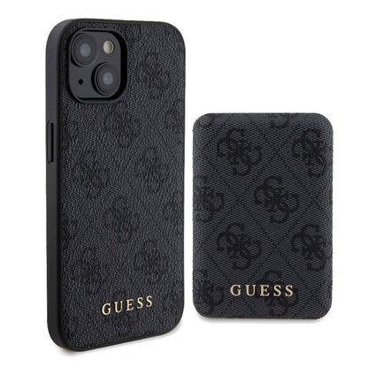 iPhone 15 Kılıf Guess Orjinal Lisanslı M-safe Şarj Özellikli Yazı Logolu 4G Desenli Kapak + Powerbank 5000mAh 2in1 Set