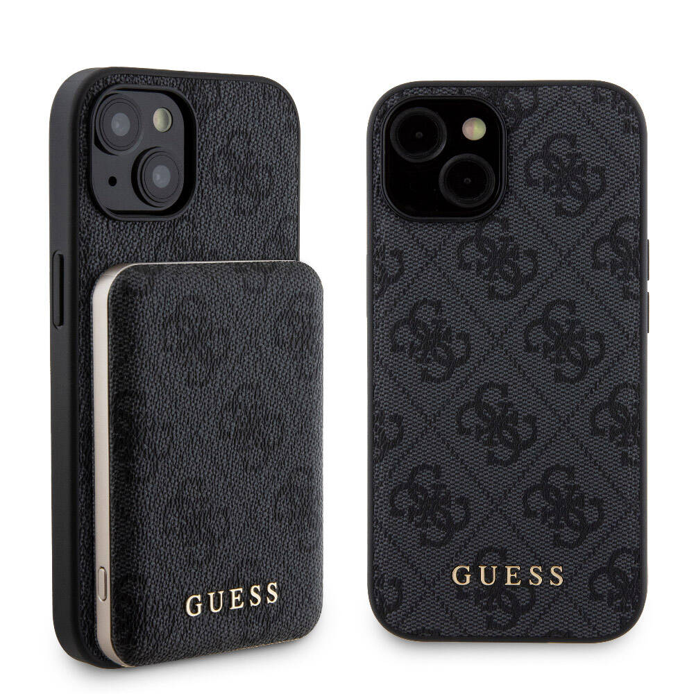 iPhone 15 Kılıf Guess Orjinal Lisanslı M-safe Şarj Özellikli Yazı Logolu 4G Desenli Kapak + Powerbank 5000mAh 2in1 Set