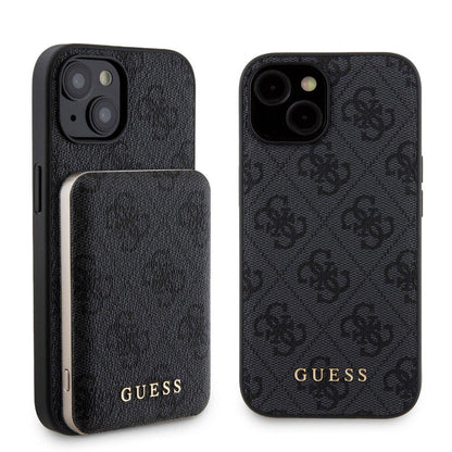 iPhone 15 Kılıf Guess Orjinal Lisanslı M-safe Şarj Özellikli Yazı Logolu 4G Desenli Kapak + Powerbank 5000mAh 2in1 Set