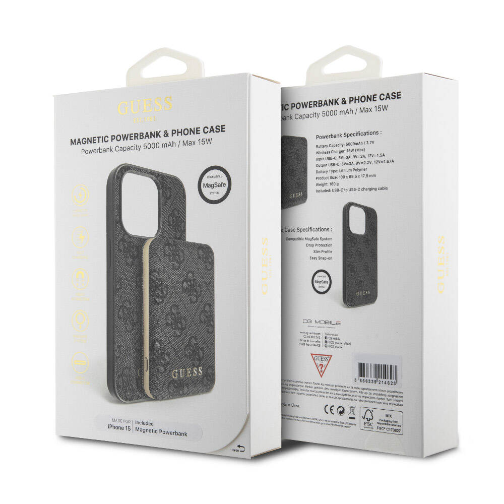 iPhone 15 Kılıf Guess Orjinal Lisanslı M-safe Şarj Özellikli Yazı Logolu 4G Desenli Kapak + Powerbank 5000mAh 2in1 Set