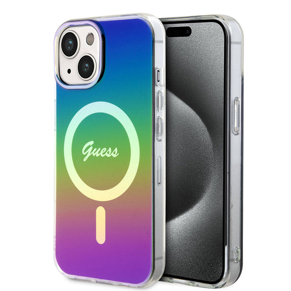 iPhone 15 Kılıf Guess Orjinal Lisanslı M-safe Şarj Özellikli Yazı Logolu Iridescent Kapak