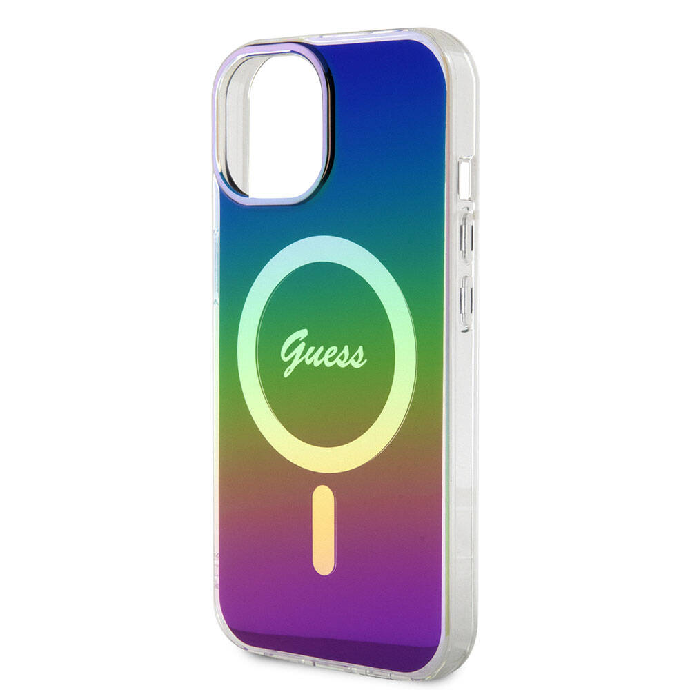 iPhone 15 Kılıf Guess Orjinal Lisanslı M-safe Şarj Özellikli Yazı Logolu Iridescent Kapak