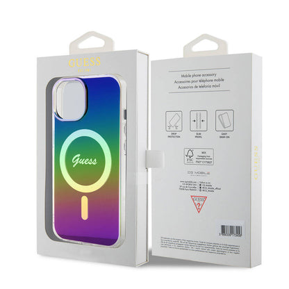 iPhone 15 Kılıf Guess Orjinal Lisanslı M-safe Şarj Özellikli Yazı Logolu Iridescent Kapak