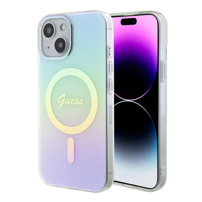 iPhone 15 Kılıf Guess Orjinal Lisanslı M-safe Şarj Özellikli Yazı Logolu Iridescent Kapak