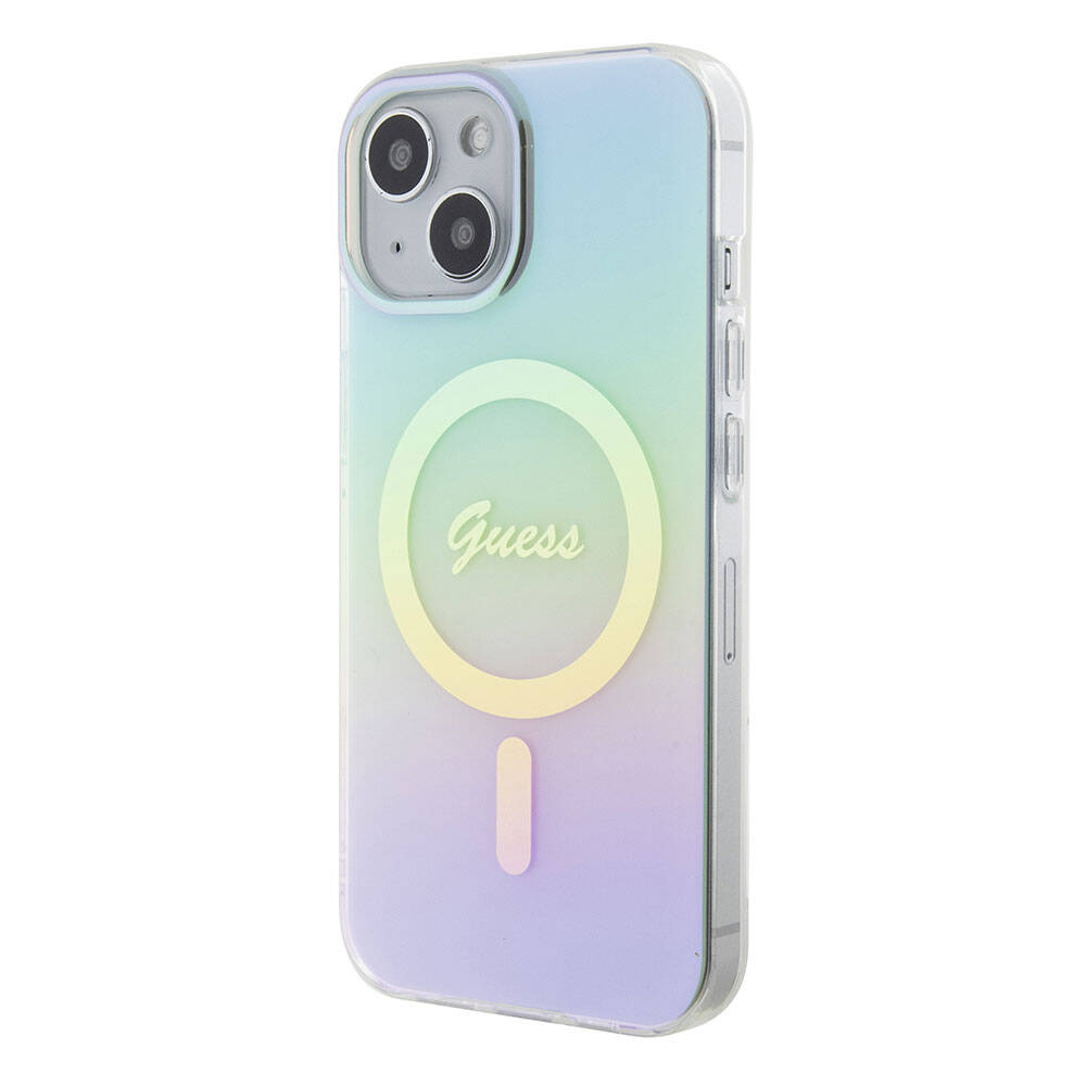 iPhone 15 Kılıf Guess Orjinal Lisanslı M-safe Şarj Özellikli Yazı Logolu Iridescent Kapak