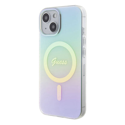 iPhone 15 Kılıf Guess Orjinal Lisanslı M-safe Şarj Özellikli Yazı Logolu Iridescent Kapak