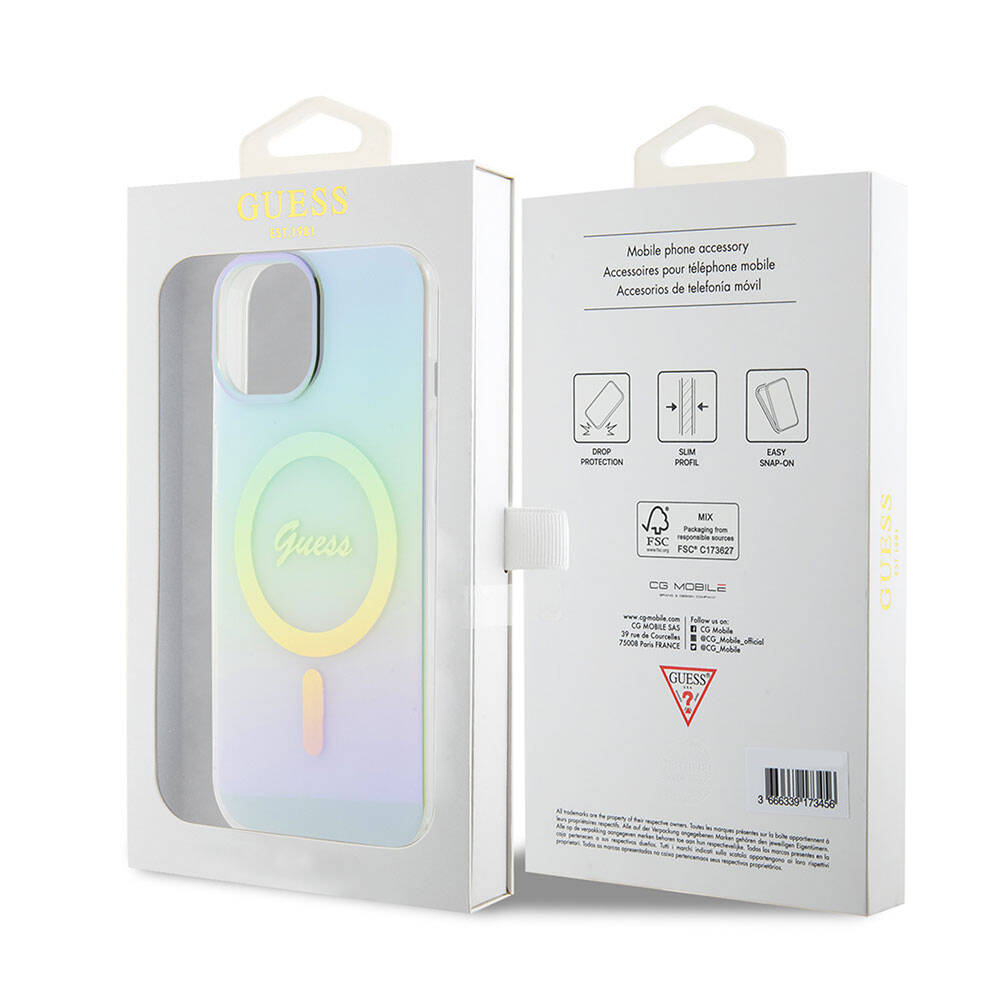 iPhone 15 Kılıf Guess Orjinal Lisanslı M-safe Şarj Özellikli Yazı Logolu Iridescent Kapak