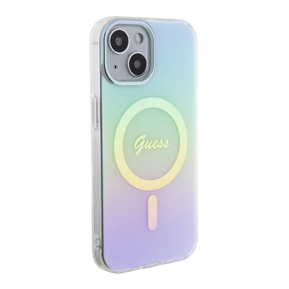 iPhone 15 Kılıf Guess Orjinal Lisanslı M-safe Şarj Özellikli Yazı Logolu Iridescent Kapak