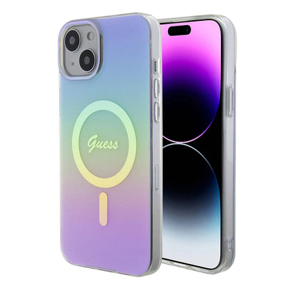 iPhone 15 Kılıf Guess Orjinal Lisanslı M-safe Şarj Özellikli Yazı Logolu Iridescent Kapak