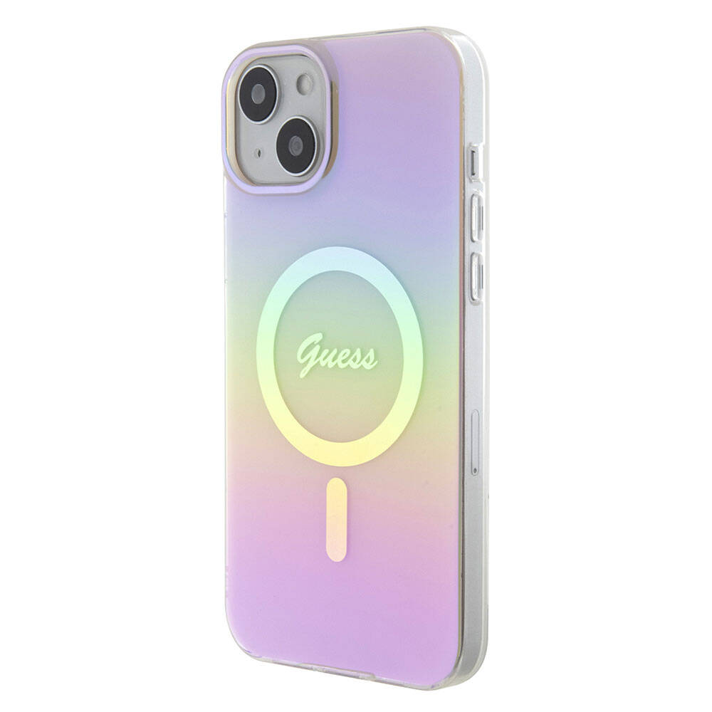 iPhone 15 Kılıf Guess Orjinal Lisanslı M-safe Şarj Özellikli Yazı Logolu Iridescent Kapak