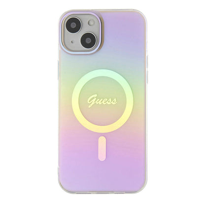 iPhone 15 Kılıf Guess Orjinal Lisanslı M-safe Şarj Özellikli Yazı Logolu Iridescent Kapak