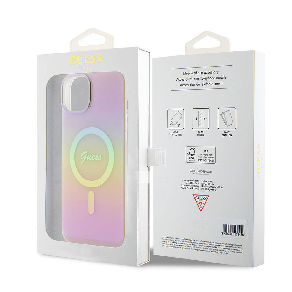 iPhone 15 Kılıf Guess Orjinal Lisanslı M-safe Şarj Özellikli Yazı Logolu Iridescent Kapak