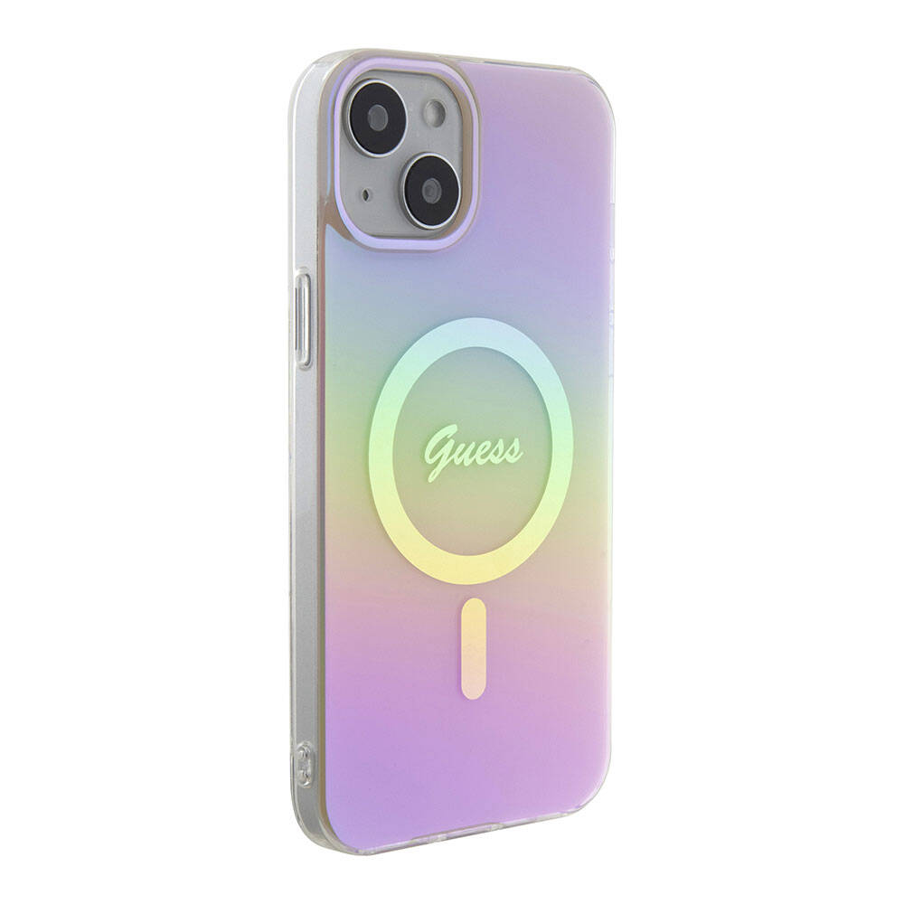 iPhone 15 Kılıf Guess Orjinal Lisanslı M-safe Şarj Özellikli Yazı Logolu Iridescent Kapak