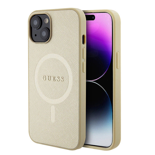 iPhone 15 Kılıf Guess Orjinal Lisanslı M-safe Şarj Özellikli Yazı Logolu Saffiano Kapak