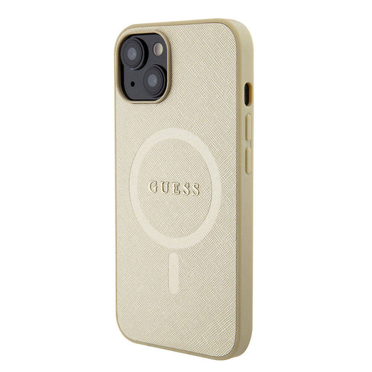 iPhone 15 Kılıf Guess Orjinal Lisanslı M-safe Şarj Özellikli Yazı Logolu Saffiano Kapak
