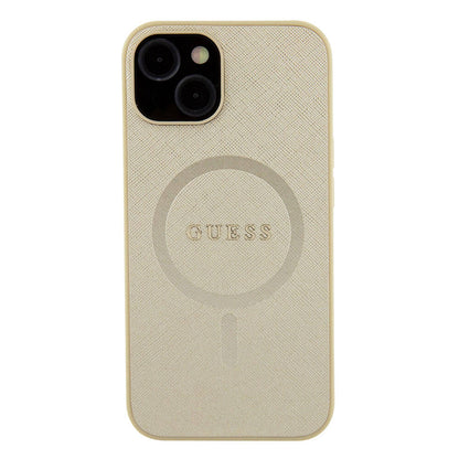 iPhone 15 Kılıf Guess Orjinal Lisanslı M-safe Şarj Özellikli Yazı Logolu Saffiano Kapak