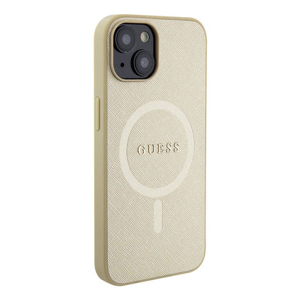 iPhone 15 Kılıf Guess Orjinal Lisanslı M-safe Şarj Özellikli Yazı Logolu Saffiano Kapak