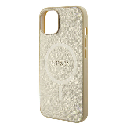 iPhone 15 Kılıf Guess Orjinal Lisanslı M-safe Şarj Özellikli Yazı Logolu Saffiano Kapak