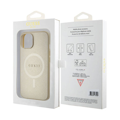 iPhone 15 Kılıf Guess Orjinal Lisanslı M-safe Şarj Özellikli Yazı Logolu Saffiano Kapak