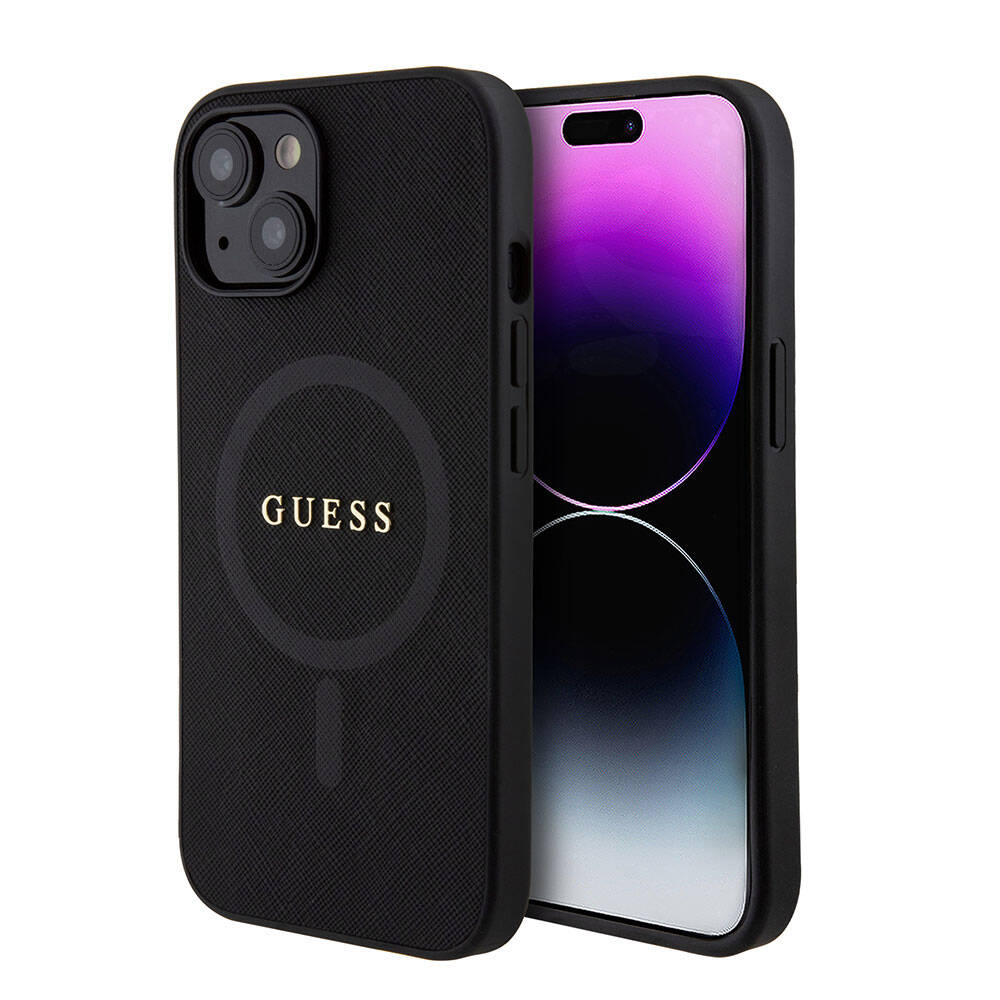 iPhone 15 Kılıf Guess Orjinal Lisanslı M-safe Şarj Özellikli Yazı Logolu Saffiano Kapak