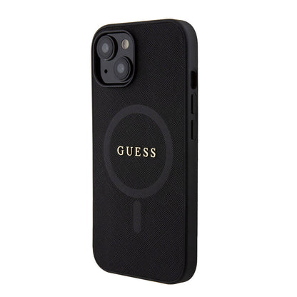 iPhone 15 Kılıf Guess Orjinal Lisanslı M-safe Şarj Özellikli Yazı Logolu Saffiano Kapak