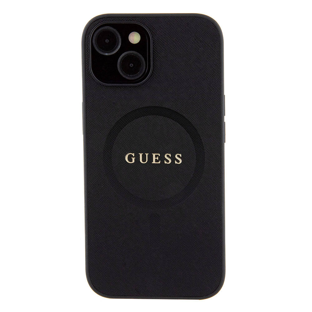 iPhone 15 Kılıf Guess Orjinal Lisanslı M-safe Şarj Özellikli Yazı Logolu Saffiano Kapak