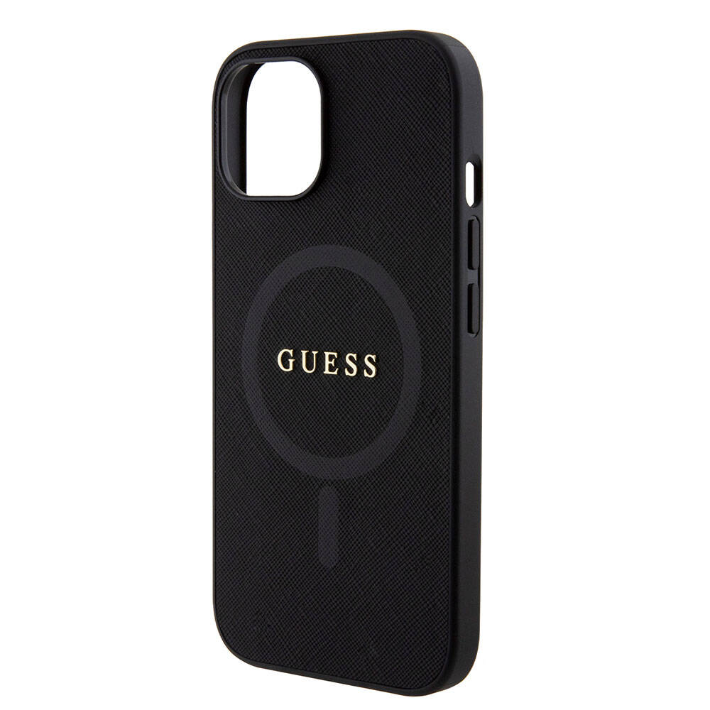 iPhone 15 Kılıf Guess Orjinal Lisanslı M-safe Şarj Özellikli Yazı Logolu Saffiano Kapak
