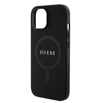 iPhone 15 Kılıf Guess Orjinal Lisanslı M-safe Şarj Özellikli Yazı Logolu Saffiano Kapak