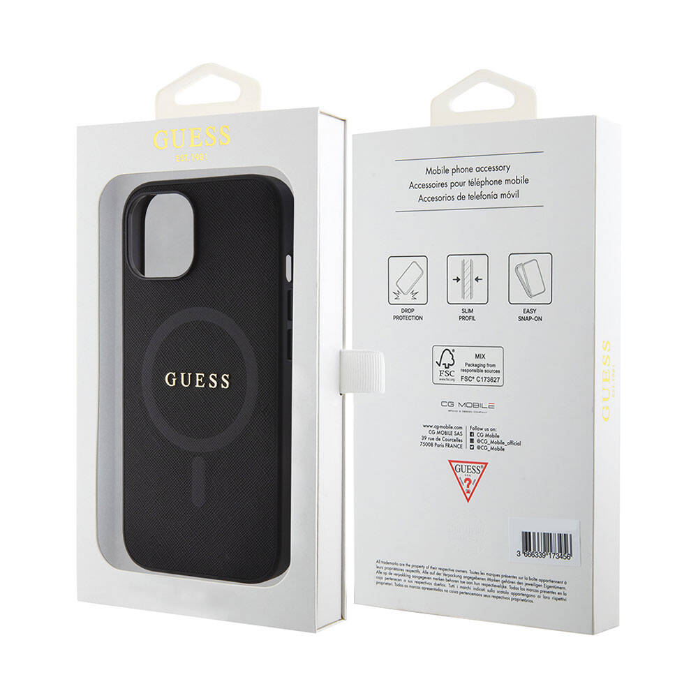 iPhone 15 Kılıf Guess Orjinal Lisanslı M-safe Şarj Özellikli Yazı Logolu Saffiano Kapak