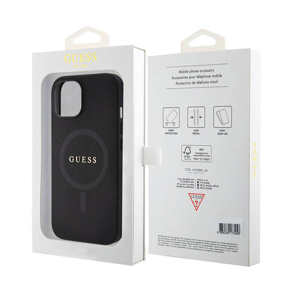 iPhone 15 Kılıf Guess Orjinal Lisanslı M-safe Şarj Özellikli Yazı Logolu Saffiano Kapak