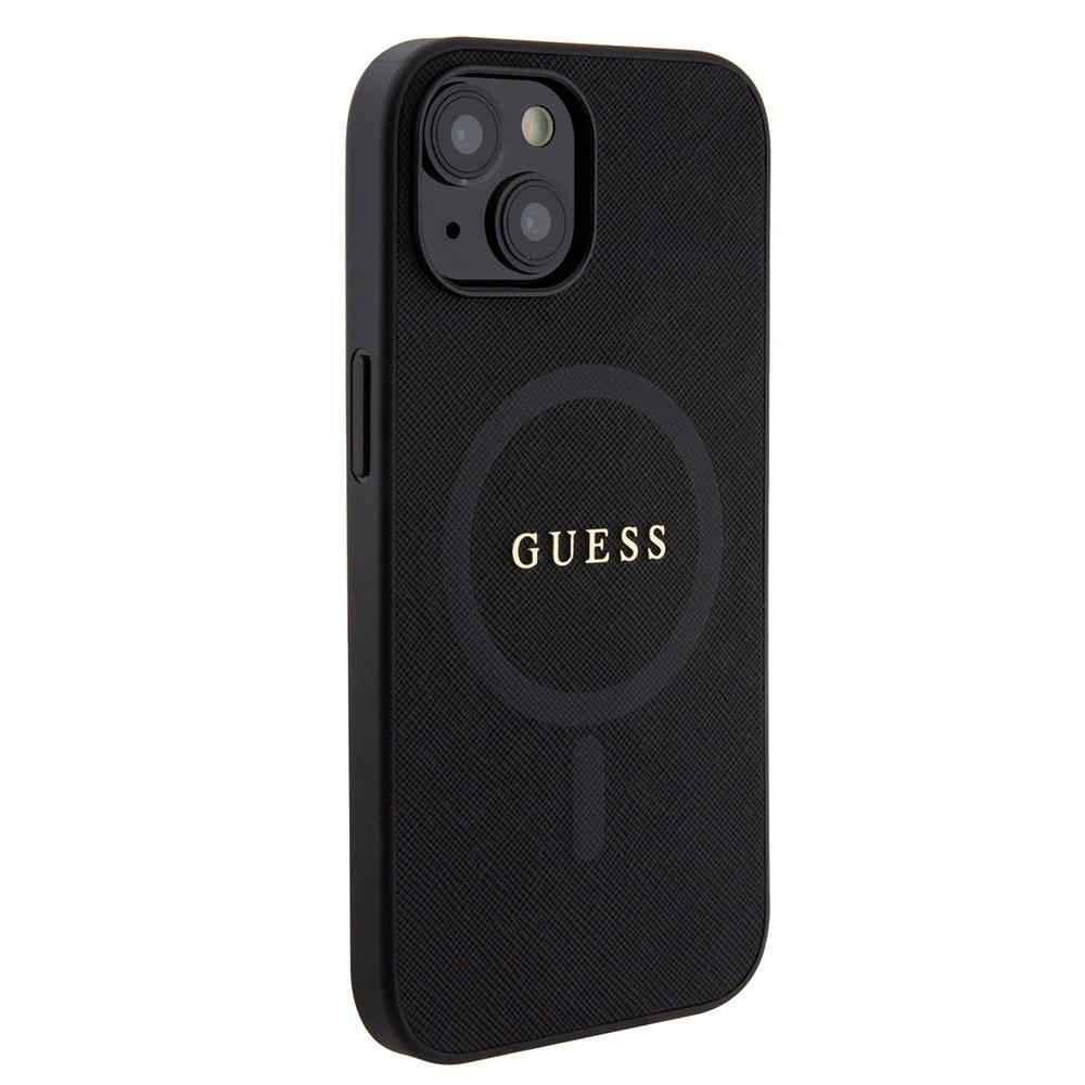 iPhone 15 Kılıf Guess Orjinal Lisanslı M-safe Şarj Özellikli Yazı Logolu Saffiano Kapak