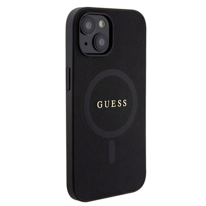 iPhone 15 Kılıf Guess Orjinal Lisanslı M-safe Şarj Özellikli Yazı Logolu Saffiano Kapak