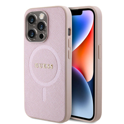 iPhone 15 Kılıf Guess Orjinal Lisanslı M-safe Şarj Özellikli Yazı Logolu Saffiano Kapak