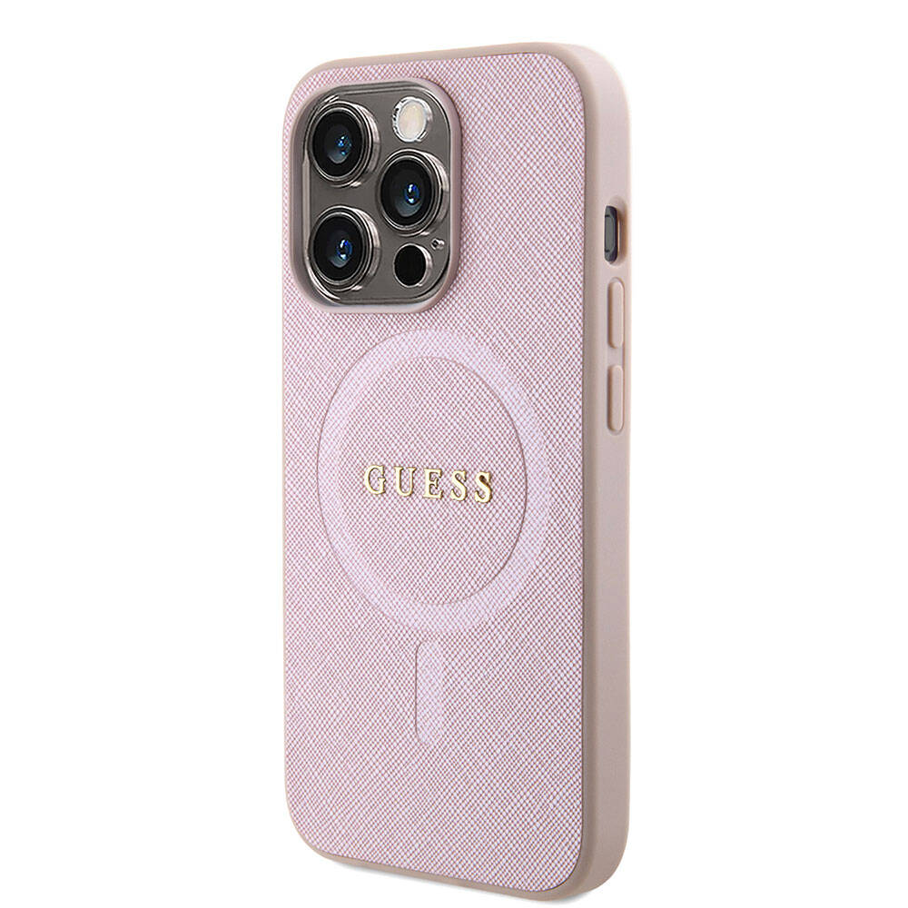 iPhone 15 Kılıf Guess Orjinal Lisanslı M-safe Şarj Özellikli Yazı Logolu Saffiano Kapak