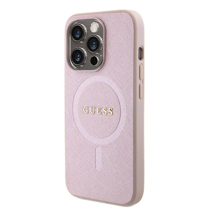 iPhone 15 Kılıf Guess Orjinal Lisanslı M-safe Şarj Özellikli Yazı Logolu Saffiano Kapak