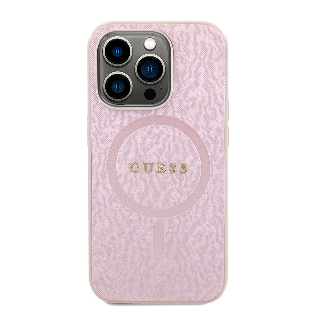 iPhone 15 Kılıf Guess Orjinal Lisanslı M-safe Şarj Özellikli Yazı Logolu Saffiano Kapak