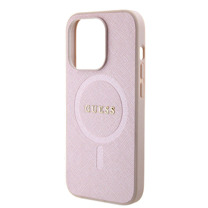 iPhone 15 Kılıf Guess Orjinal Lisanslı M-safe Şarj Özellikli Yazı Logolu Saffiano Kapak