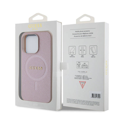 iPhone 15 Kılıf Guess Orjinal Lisanslı M-safe Şarj Özellikli Yazı Logolu Saffiano Kapak