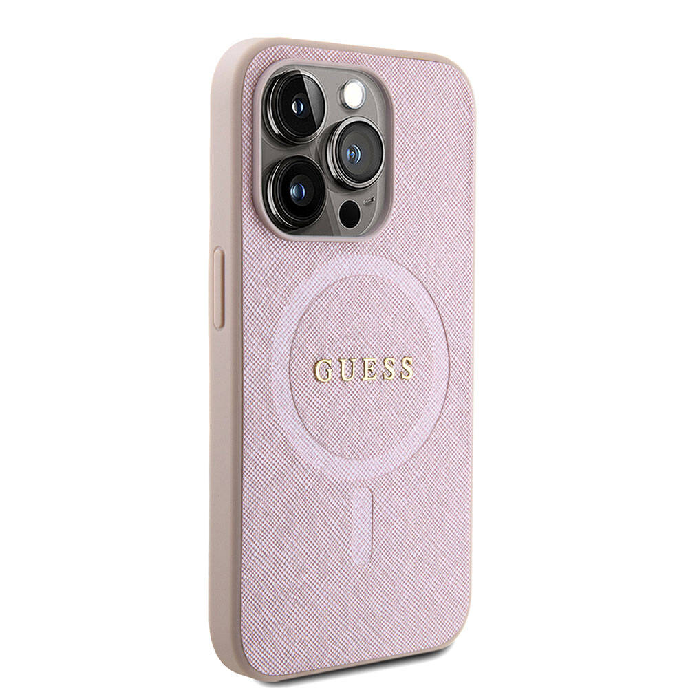 iPhone 15 Kılıf Guess Orjinal Lisanslı M-safe Şarj Özellikli Yazı Logolu Saffiano Kapak