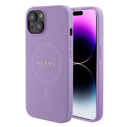 iPhone 15 Kılıf Guess Orjinal Lisanslı M-safe Şarj Özellikli Yazı Logolu Saffiano Kapak